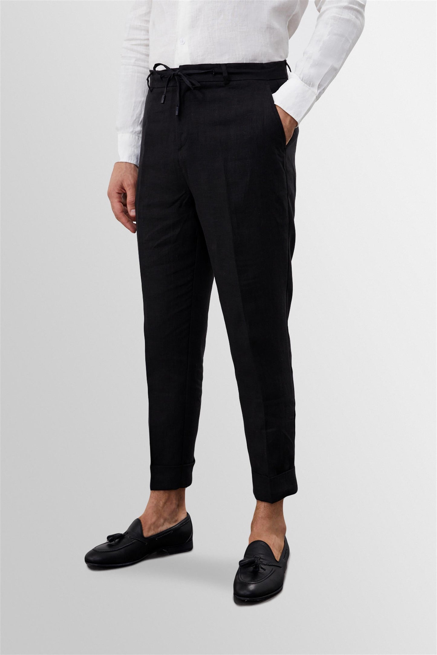 KOALA SYDNEY Men's Black Tie Waist High Waist 100% Linen Trousers