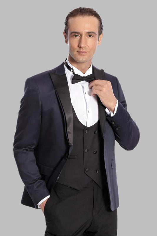 Patterned Combined Navy Blue Men Tuxedo