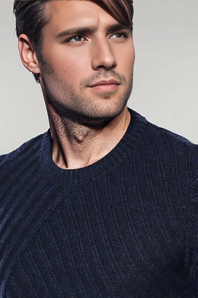 Patterned Circle Neck Navy Sweater