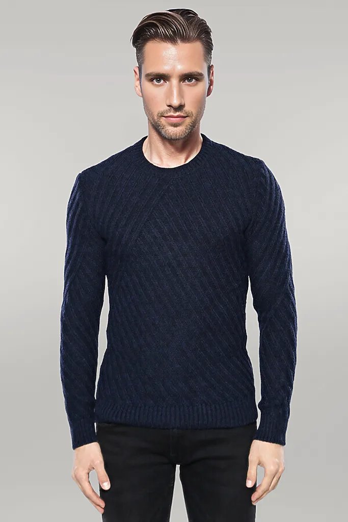 Patterned Circle Neck Navy Sweater