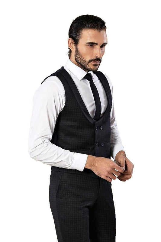Patterned Double Breasted Navy Blue Men Trousers Vest Set