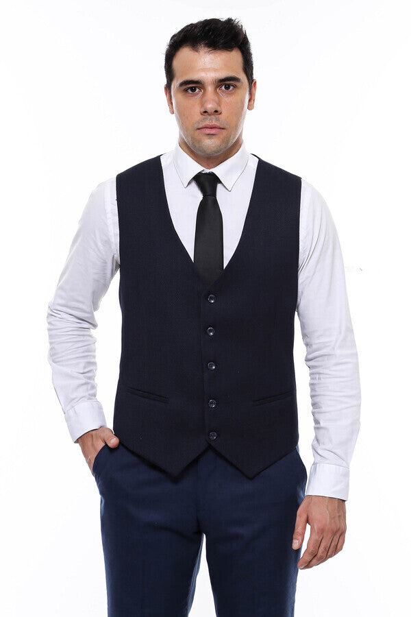 Patterned Navy Blue V Neck Vest