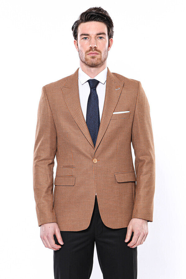 Patterned Orange Slim-Fit Blazer