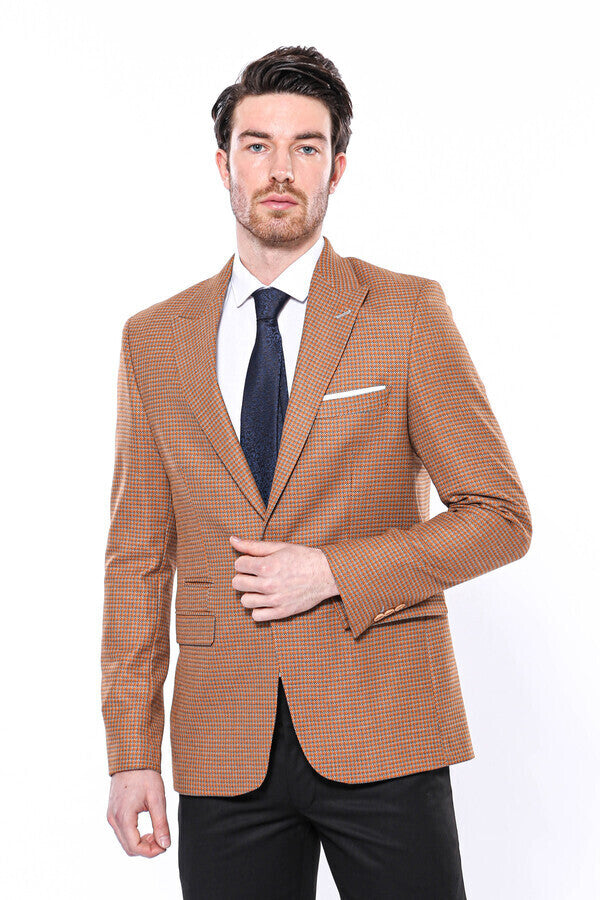 Patterned Orange Slim-Fit Blazer