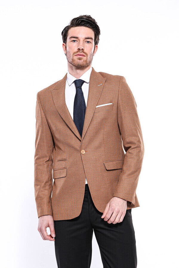 Patterned Orange Slim-Fit Blazer