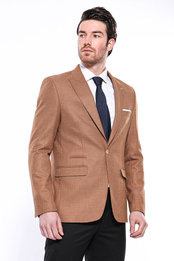 Patterned Orange Slim-Fit Blazer