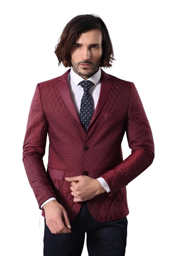 Patterned Quilted Burgundy Men Blazer