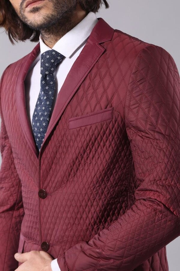 Patterned Quilted Burgundy Men Blazer
