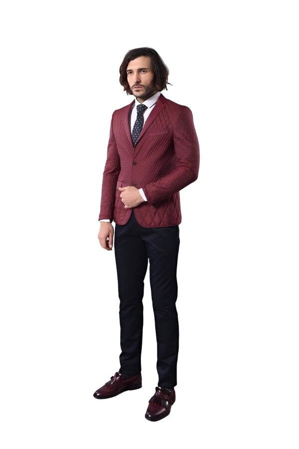 Patterned Quilted Burgundy Men Blazer