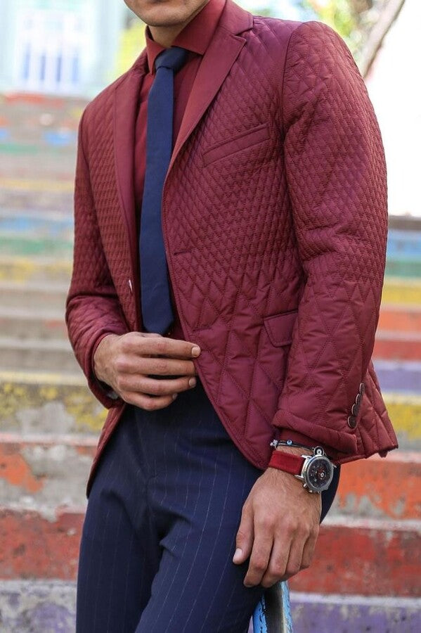 Patterned Quilted Burgundy Men Blazer