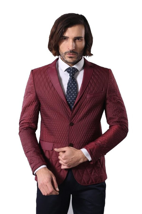 Patterned Quilted Burgundy Men Blazer