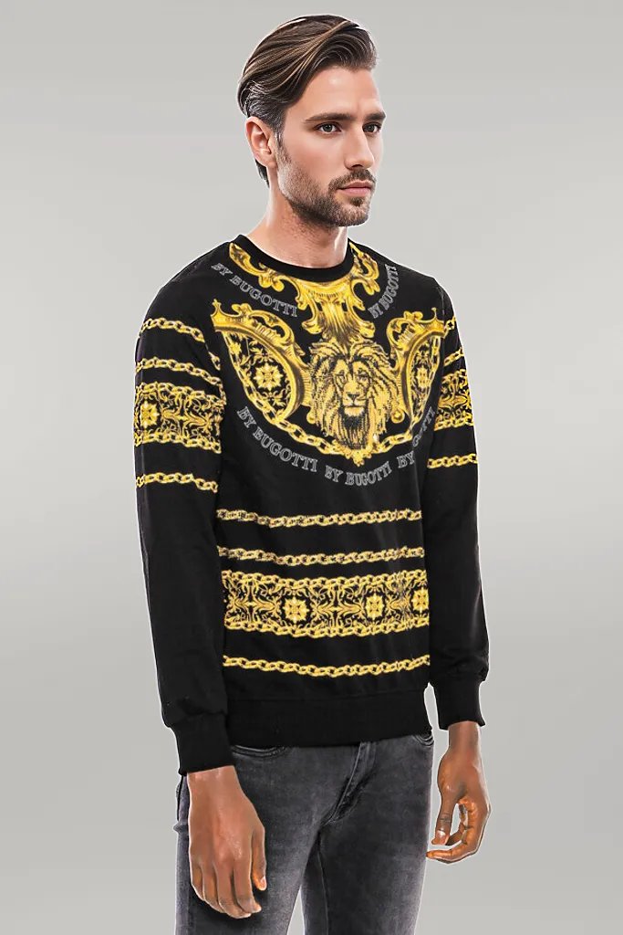 Patterned Slim Fit Black Yellow Sweatshirt - Wessi