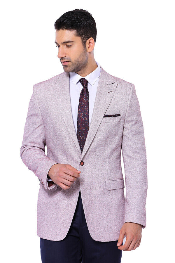 Patterned Slim-Fit Claret Red Blazer -