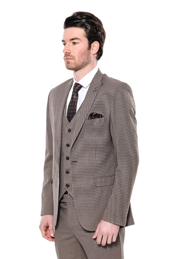 Patterned Slim Fit Light Brown Men Blazer