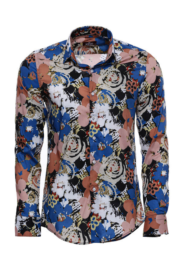 Patterned Slim Fit Long Sleeves Brown Men Shirt -