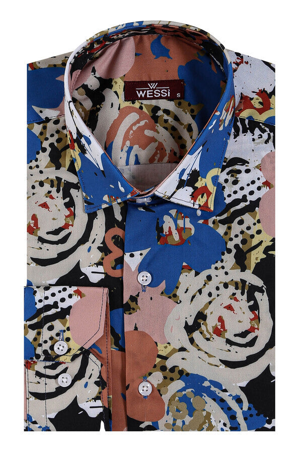 Patterned Slim Fit Long Sleeves Brown Men Shirt -