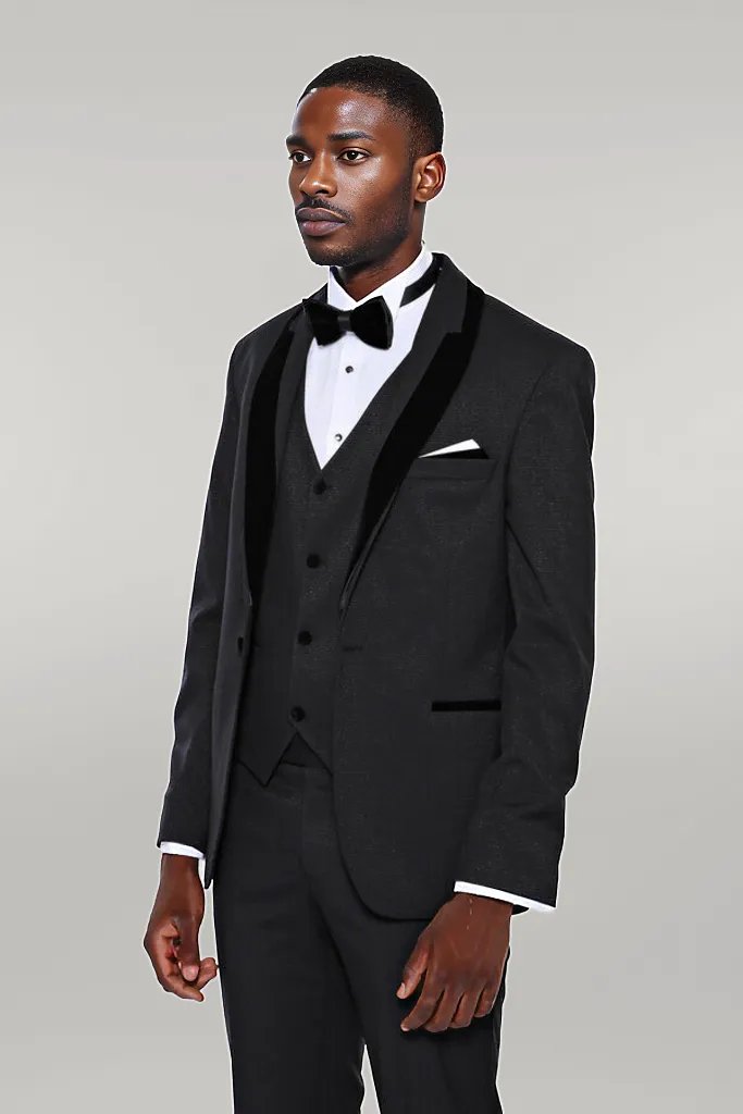 Patterned Velvet Lapel Black Men Tuxedo - Wessi