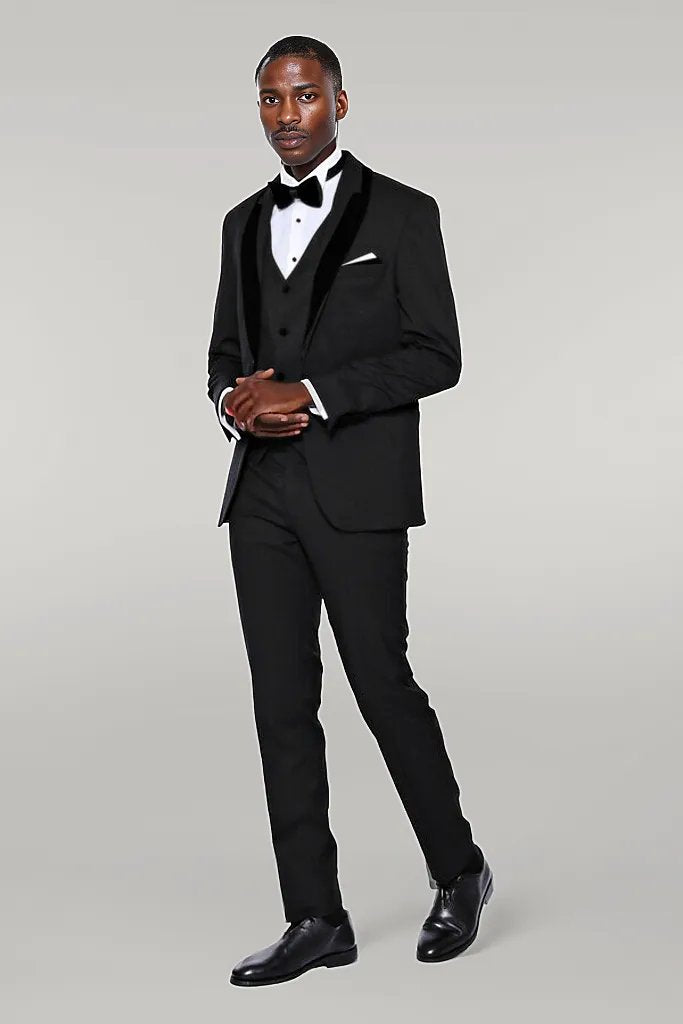 Patterned Velvet Lapel Black Men Tuxedo - Wessi