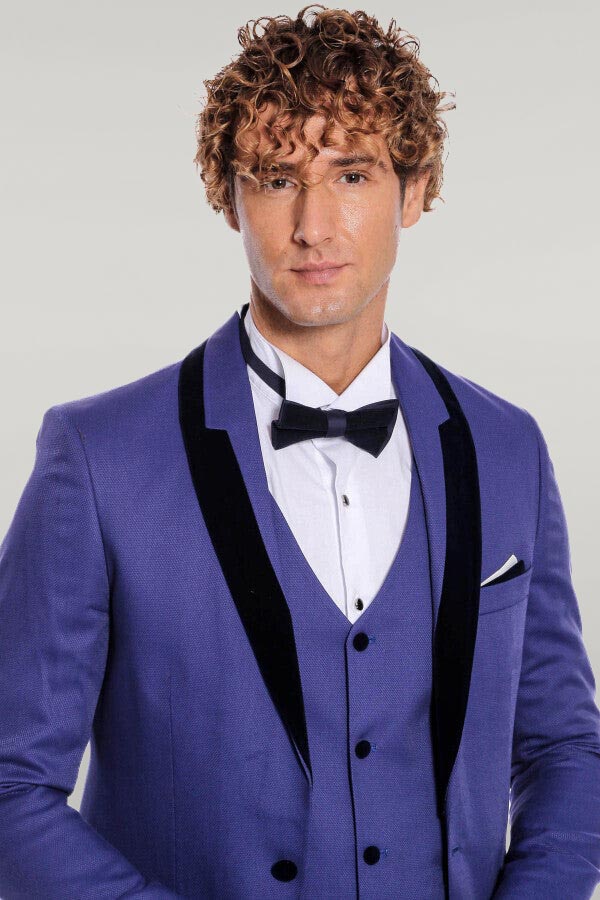 Patterned Velvet Lapel Blue Men Tuxedo - Wessi