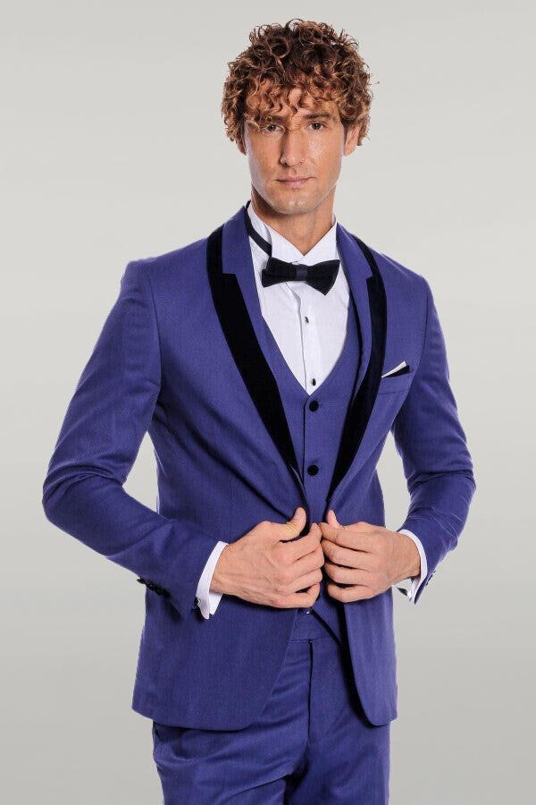 Patterned Velvet Lapel Blue Men Tuxedo - Wessi