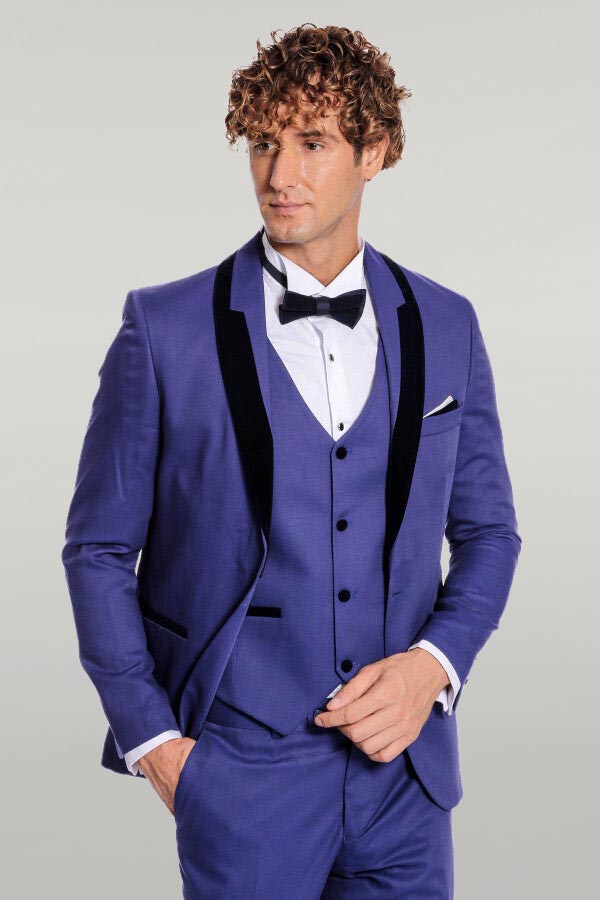 Patterned Velvet Lapel Blue Men Tuxedo - Wessi