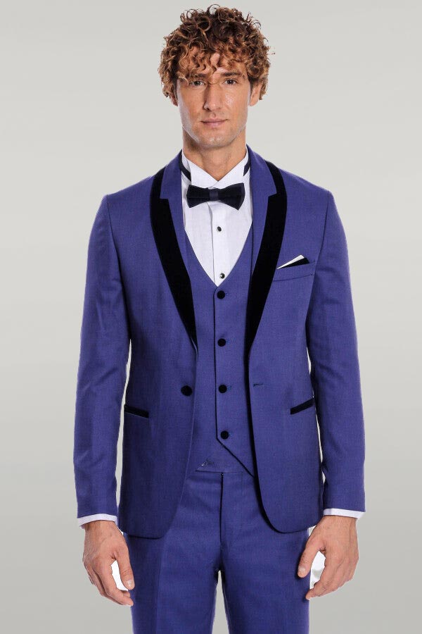 Patterned Velvet Lapel Blue Men Tuxedo - Wessi