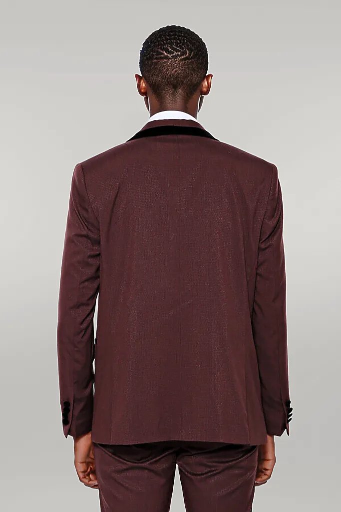 Patterned Velvet Lapel Burgundy Groom Suit -