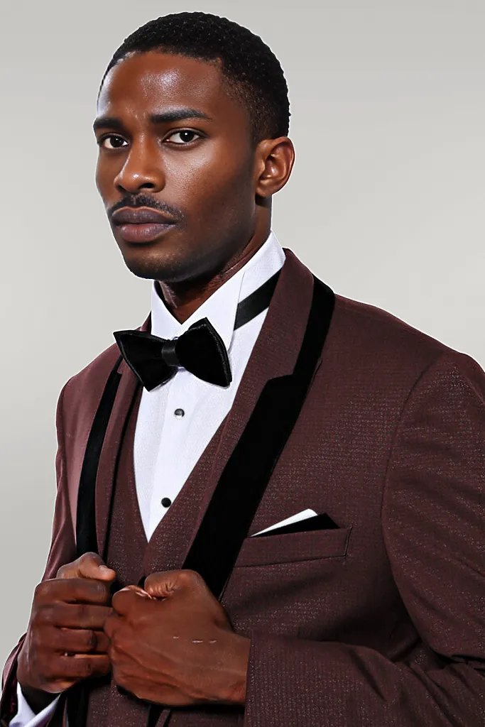 Patterned Velvet Lapel Burgundy Groom Suit -