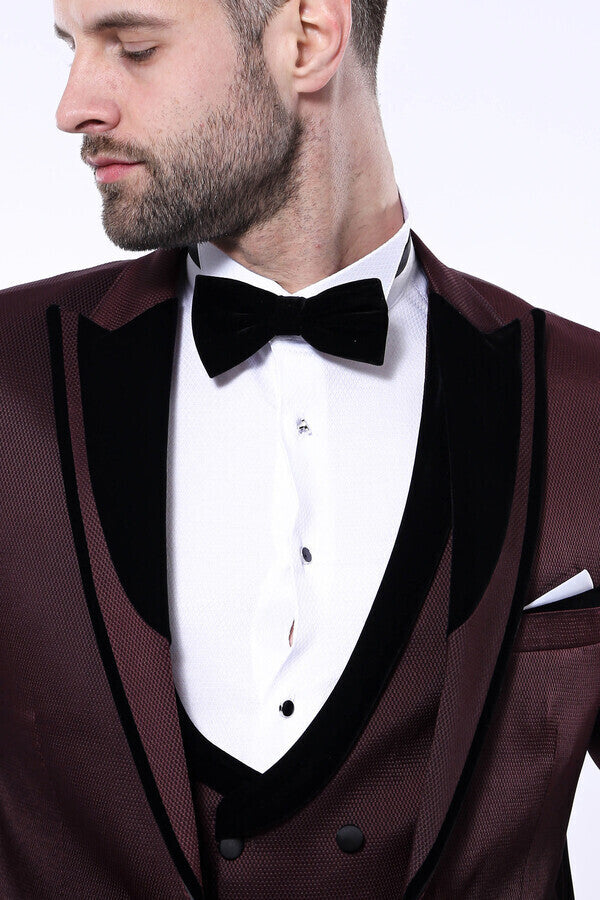 KOALA SYDNEY Patterned Velvet Lapel Burgundy Tuxedo |