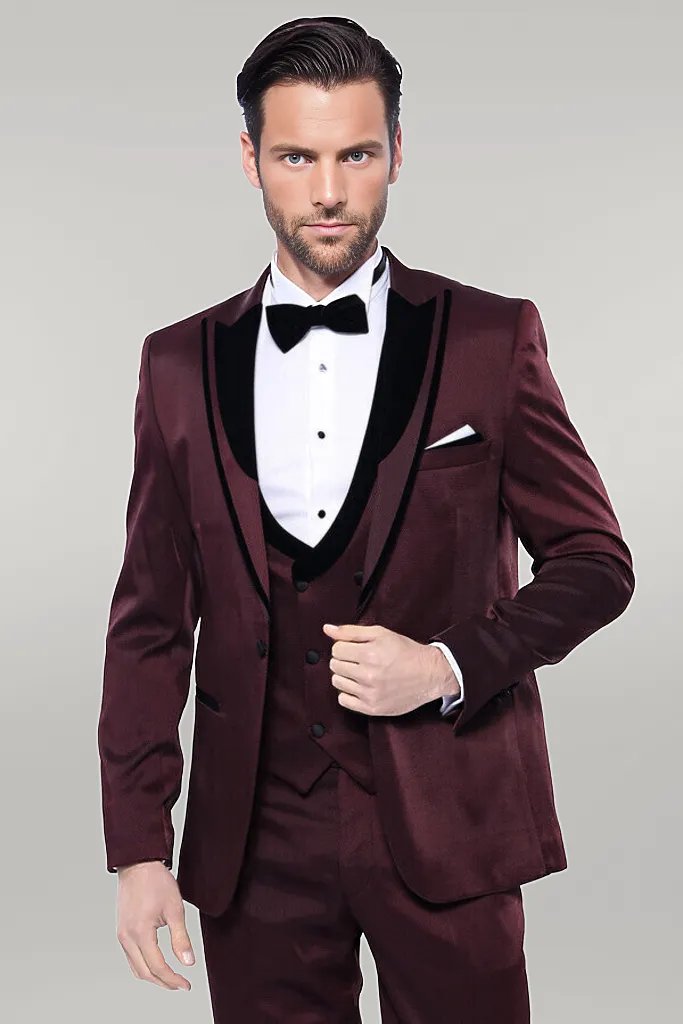 KOALA SYDNEY Patterned Velvet Lapel Burgundy Tuxedo |