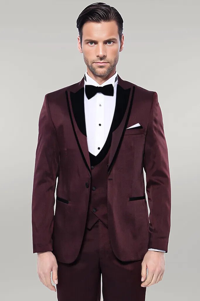 KOALA SYDNEY Patterned Velvet Lapel Burgundy Tuxedo |
