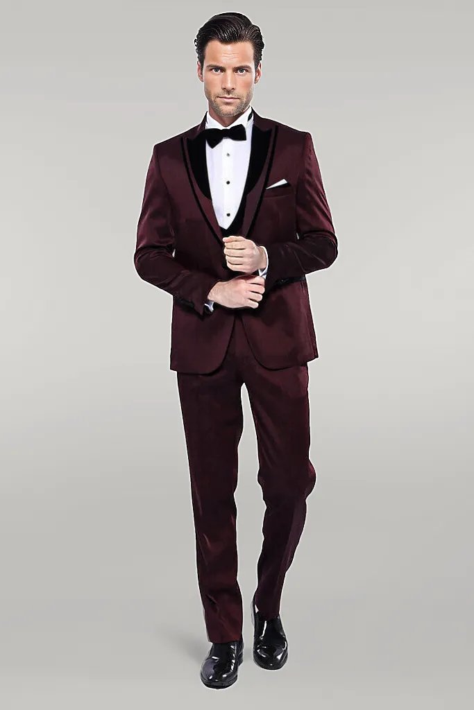 KOALA SYDNEY Patterned Velvet Lapel Burgundy Tuxedo |