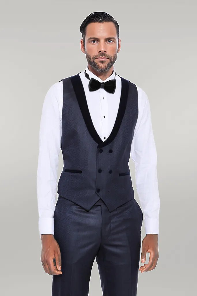 KOALA SYDNEY Patterned Velvet Lapel Navy Blue Men Tuxedo -