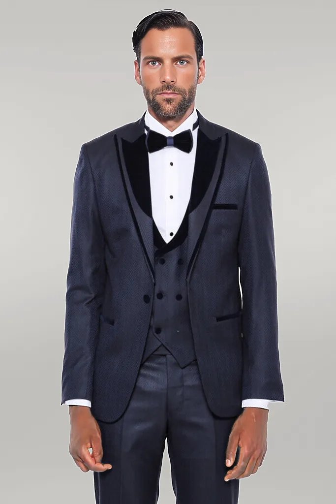 KOALA SYDNEY Patterned Velvet Lapel Navy Blue Men Tuxedo -