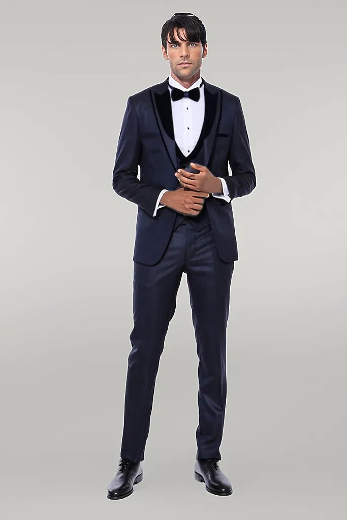 KOALA SYDNEY Patterned Velvet Lapel Navy Blue Men Tuxedo -