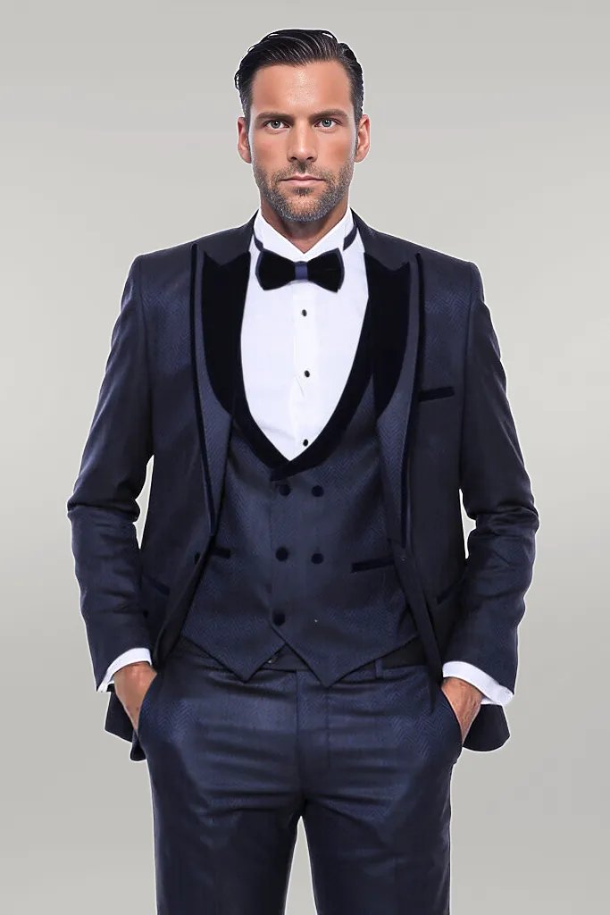 KOALA SYDNEY Patterned Velvet Lapel Navy Blue Men Tuxedo -