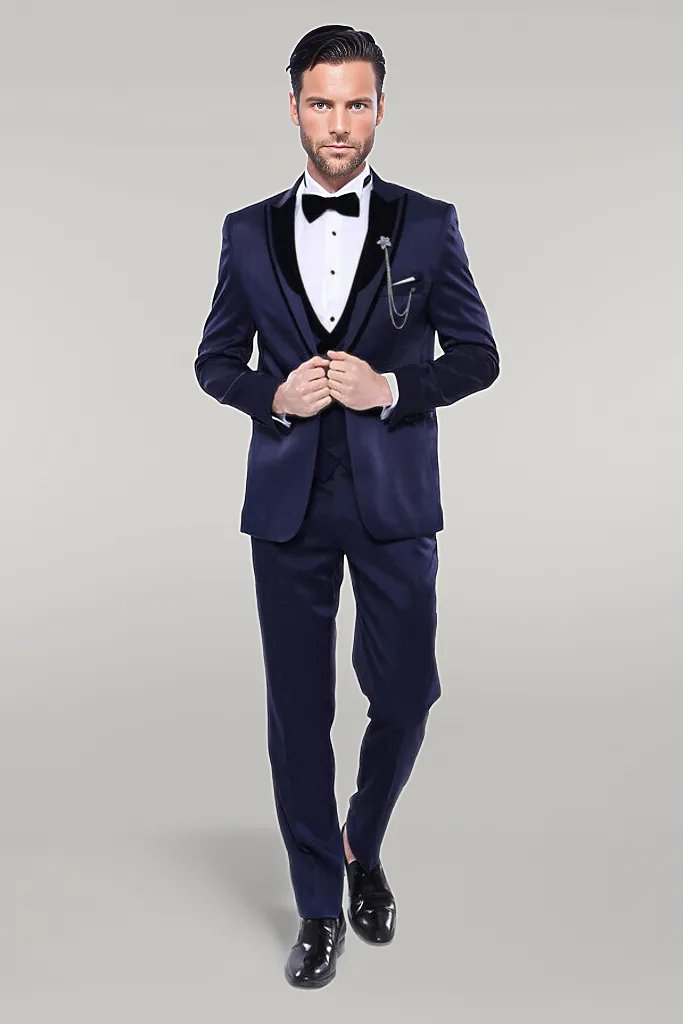 Patterned Velvet Lapel Navy Tuxedo