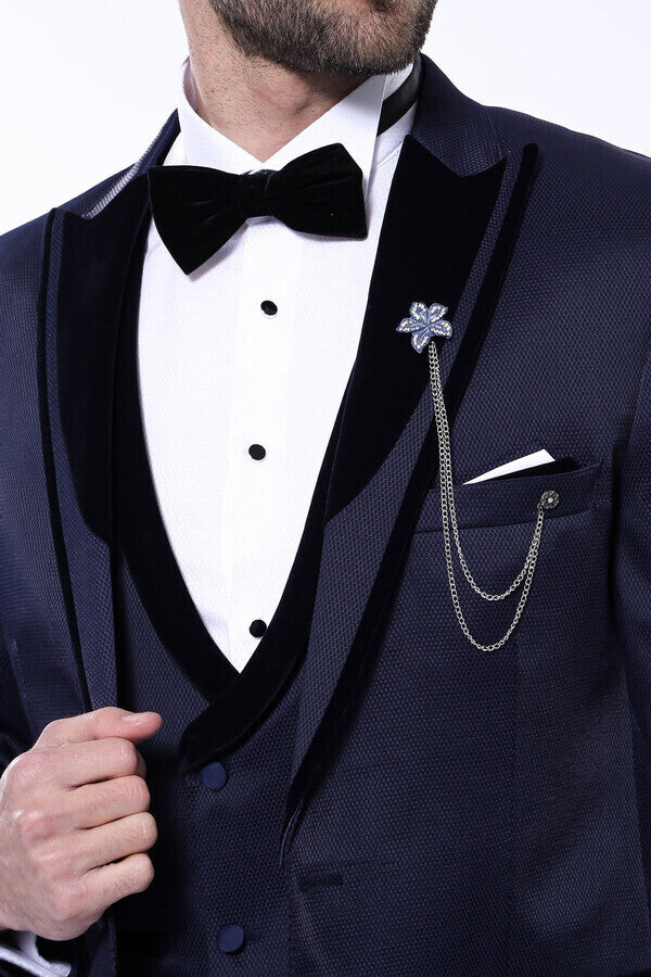 Patterned Velvet Lapel Navy Tuxedo