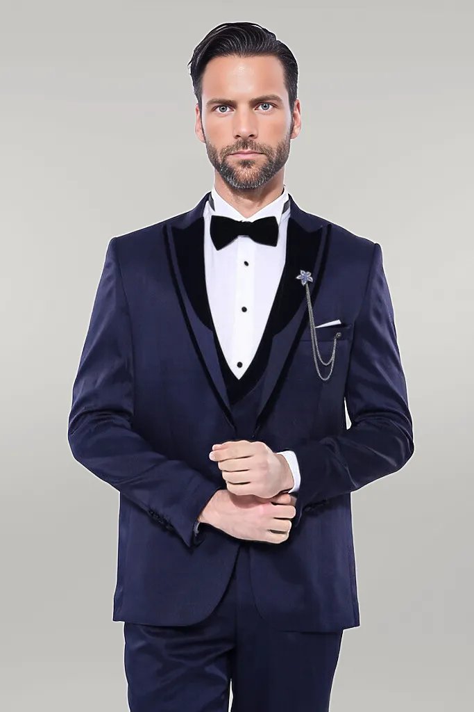 Patterned Velvet Lapel Navy Tuxedo