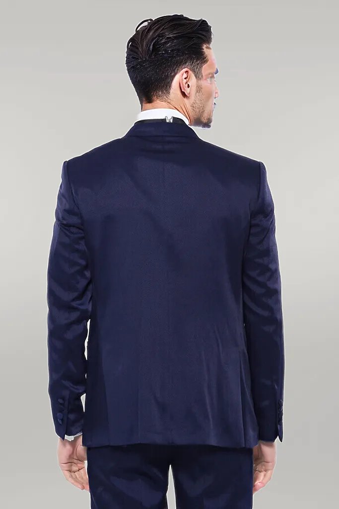 Patterned Velvet Lapel Navy Tuxedo