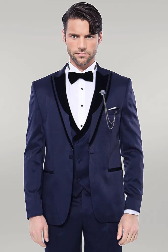 Patterned Velvet Lapel Navy Tuxedo