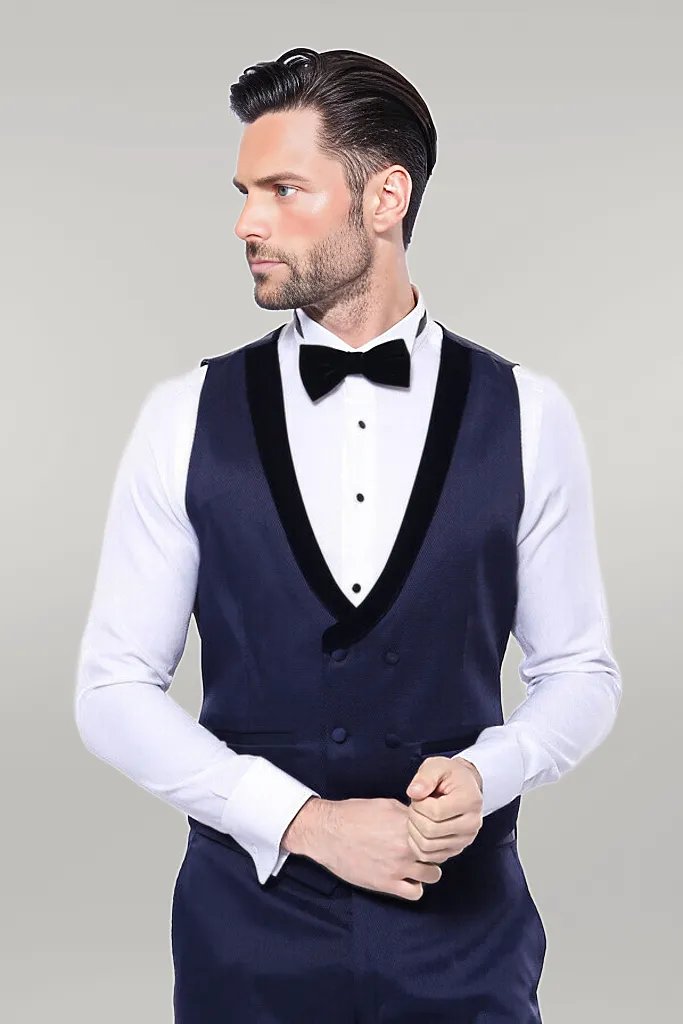 Patterned Velvet Lapel Navy Tuxedo