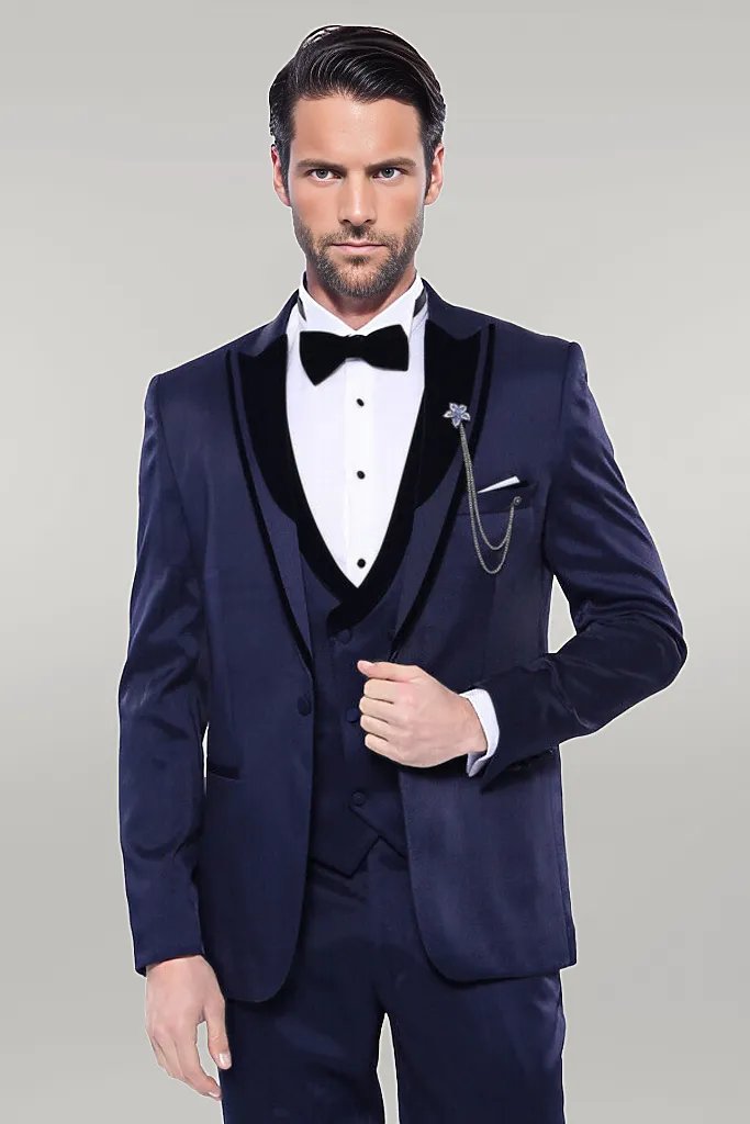 Patterned Velvet Lapel Navy Tuxedo