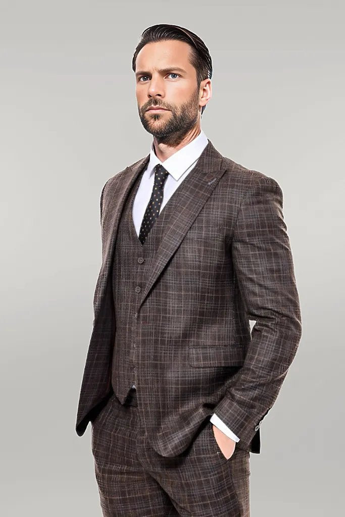 Patterned Vested Brown Slim-Fit Men’s Suit -