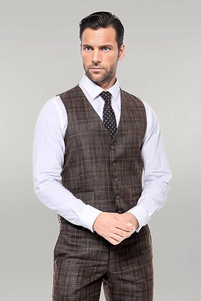 Patterned Vested Brown Slim-Fit Men’s Suit -