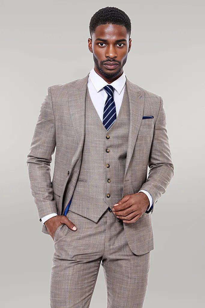 KOALA SYDNEY Patterned Vested Slim-Fit Beige Men’s Suit -