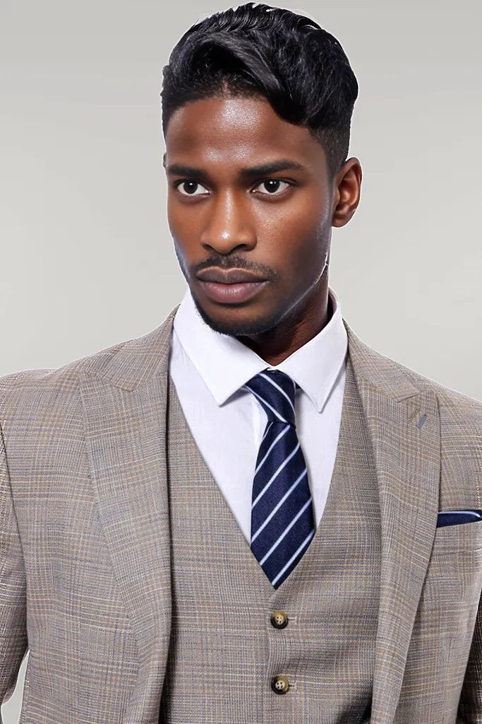 KOALA SYDNEY Patterned Vested Slim-Fit Beige Men’s Suit -