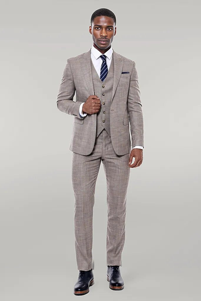 KOALA SYDNEY Patterned Vested Slim-Fit Beige Men’s Suit -
