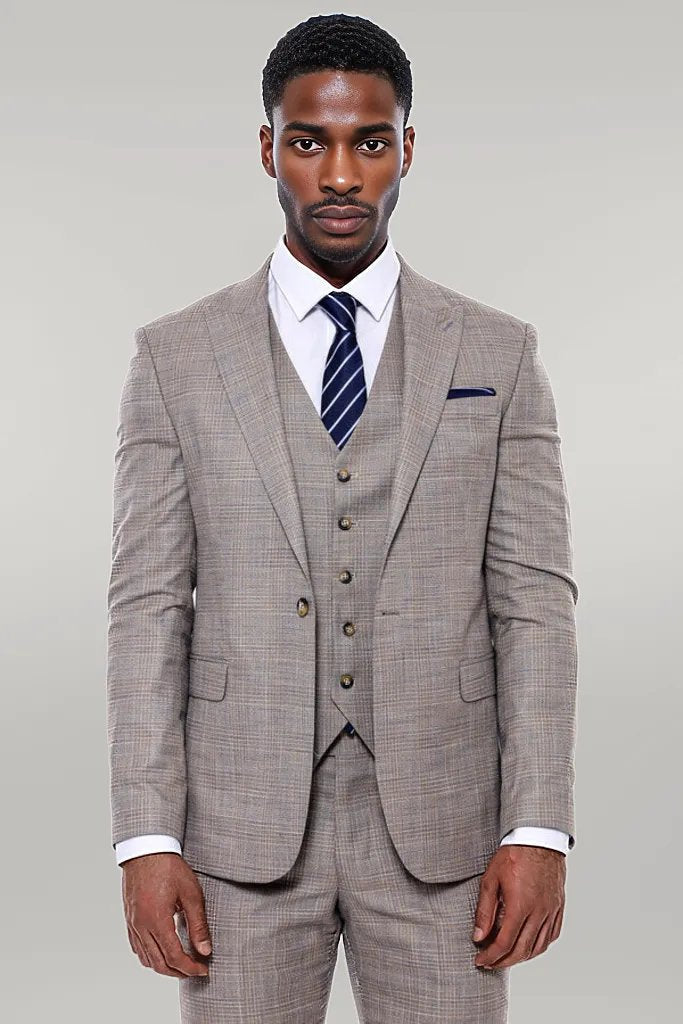 KOALA SYDNEY Patterned Vested Slim-Fit Beige Men’s Suit -