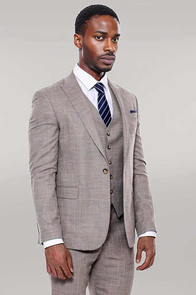 KOALA SYDNEY Patterned Vested Slim-Fit Beige Men’s Suit -